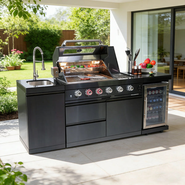 Outdoor Kitchen Island Built for Professional Cooking, 72000 BTU Grill, Granite Countertops, Refrigerator