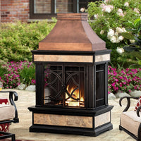 Outdoor Fireplace, Smith Collection Patio Wood Burning Steel Fireplace with Chimney, Spark Screen, Fire Poker, and Removable Grate, Copper with Yellow Tile