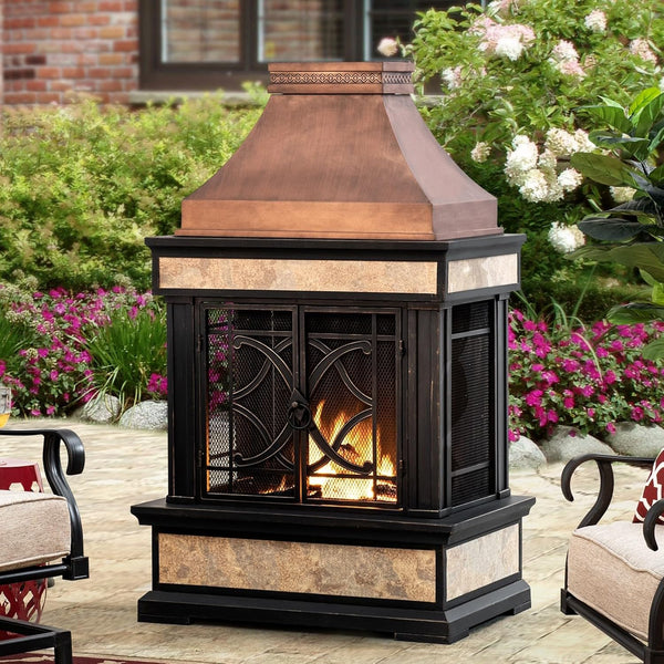 Outdoor Wood Burning Fireplace Built for Backyard Warmth, Steel Construction, 56" Height, Spark Screen