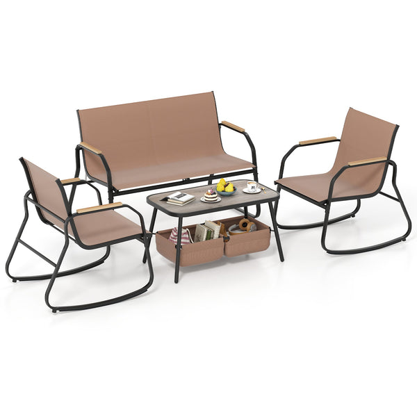 4 Pieces Patio Furniture Set with Rocking Bistro Chairs and Breathable Mesh Fabric-Coffee