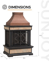 Outdoor Fireplace, Smith Collection Patio Wood Burning Steel Fireplace with Chimney, Spark Screen, Fire Poker, and Removable Grate, Copper with Yellow Tile