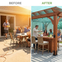 Cedar Wood Pergola Built for Outdoor Living, 140 Sq Ft Coverage, Built-In Bar, PowerPort Electrical Outlets — Before & After
