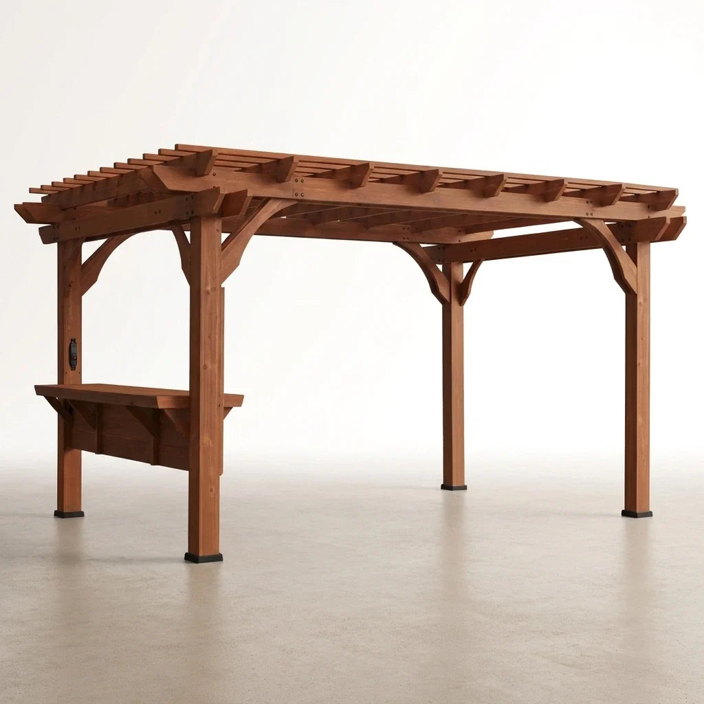Cedar Wood Pergola Built for Outdoor Living, 140 Sq Ft Coverage, Built-In Bar, PowerPort Electrical Outlets — Studio Shot