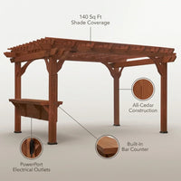 Cedar Wood Pergola Built for Outdoor Living, 140 Sq Ft Coverage, Built-In Bar, PowerPort Electrical Outlets — infographic