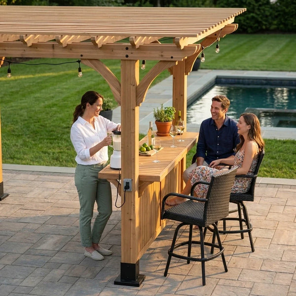 Cedar Wood Pergola Built for Outdoor Living, 140 Sq Ft Coverage, Built-In Bar, PowerPort Electrical Outlets