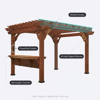 Cedar Wood Pergola Built for Outdoor Living, 140 Sq Ft Coverage, Built-In Bar, PowerPort Electrical Outlets — How It Works