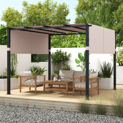 10 x 10 ft Flat Top Pergola with Retractable Canopy for Garden Pool Porch and Backyard