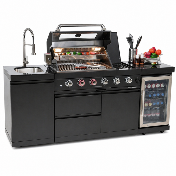 Outdoor Kitchen Island Built for Professional Cooking, 72000 BTU Grill, Granite Countertops, Refrigerator