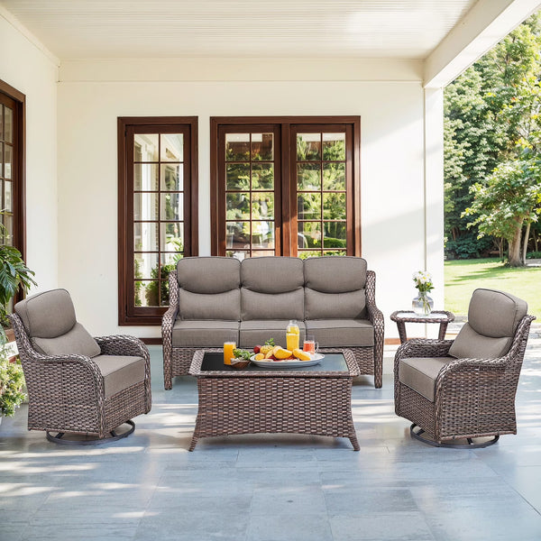 Outdoor Patio Furniture Set Built for Daily Use, 5 Pieces with Swivel Chairs, 6-Inch Cushions, Weather Resistant