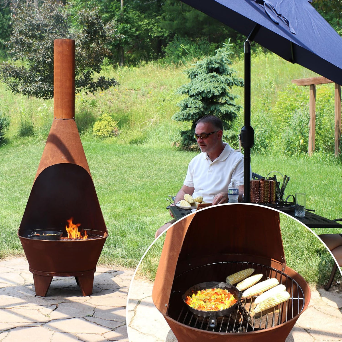 Sunnydaze Large Chiminea Outdoor Fireplace with Grill Grate, Rustic, 75"