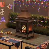 Outdoor Fireplace, Smith Collection Patio Wood Burning Steel Fireplace with Chimney, Spark Screen, Fire Poker, and Removable Grate, Copper with Yellow Tile